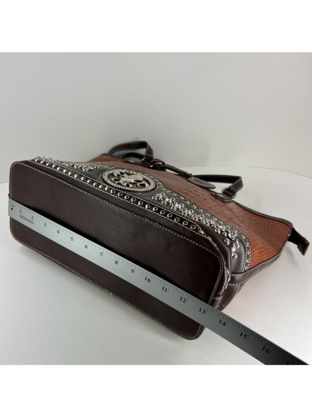 Silverake Shoulder Tote Bag Fleur De Lis Rhinestone Studded Croc Textured Brown - Picture 8 of 16